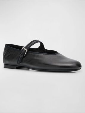 The Row Black Leather Mary Jane Flat with Buckle
